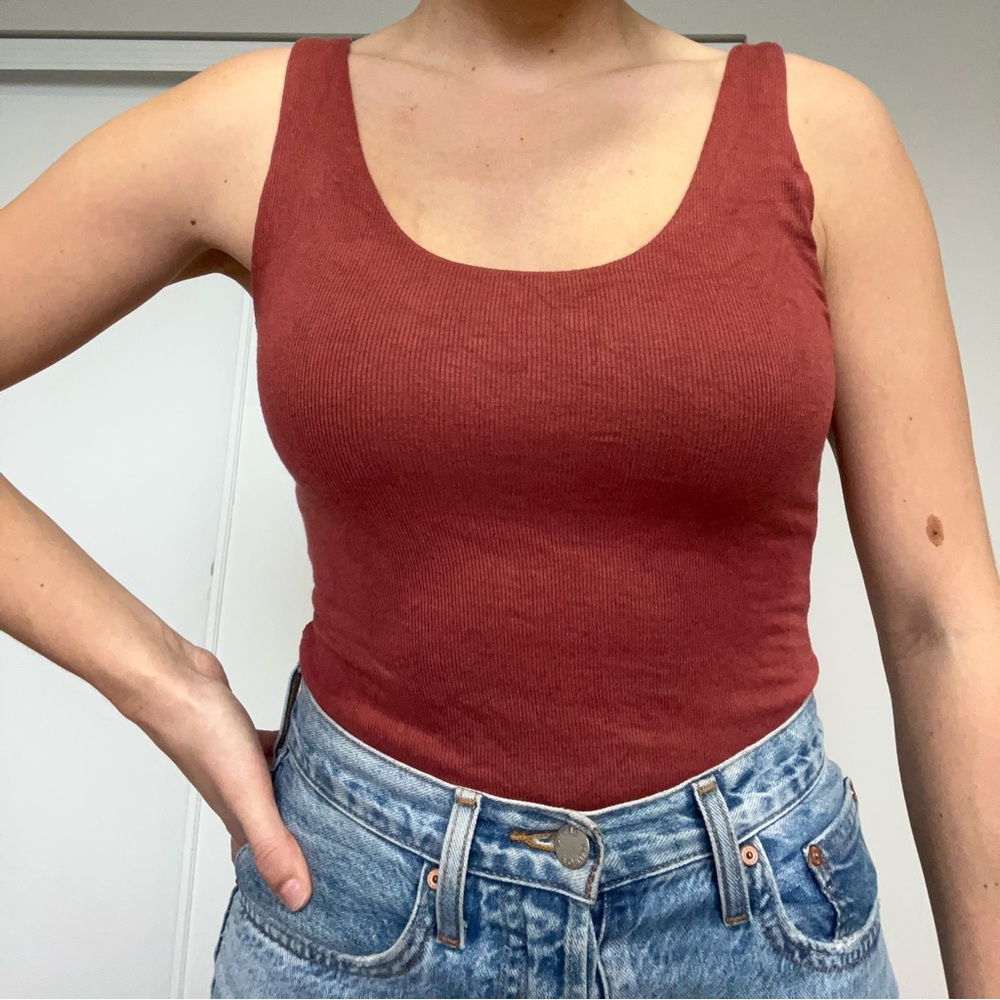 Aritzia Wilfred Ribbed Bodysuit in Rust